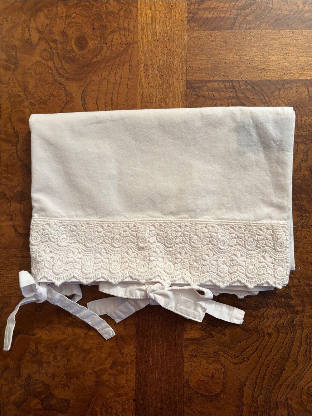 2 White brocade trim w/ties Pillowcases